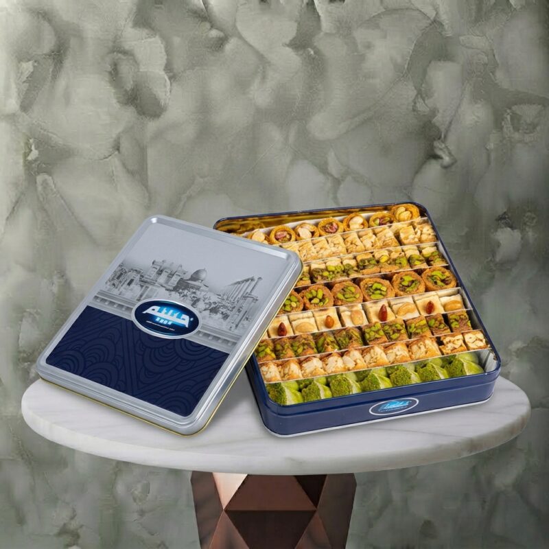 Premium tin box filled with mix arabic sweets 900g from Habiba Sweets in Amman.
