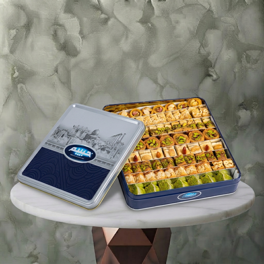 Mix Arabic Sweets 900g in Amman Premium tin box filled with mix arabic sweets 900g from Habiba Sweets in Amman.