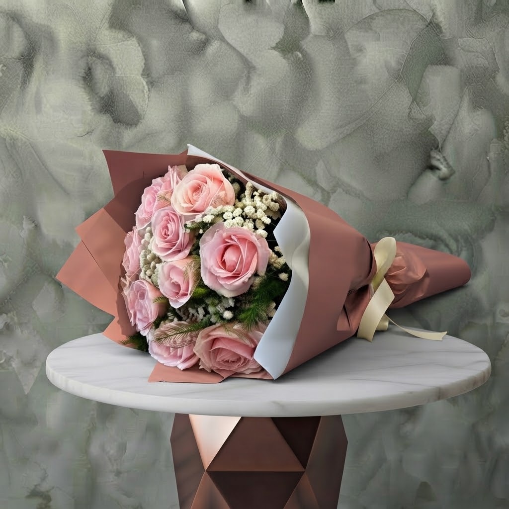 Pink Roses - جوري زهري Pink roses amman bouquet featuring soft pink roses and baby's breath wrapped in elegant mauve and white paper.