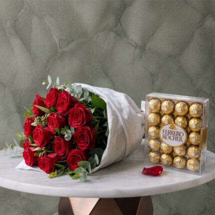 Bouquet of Red Roses and Ferrero Rocher Box featuring 12 red roses and a 24-piece chocolate box in Amman