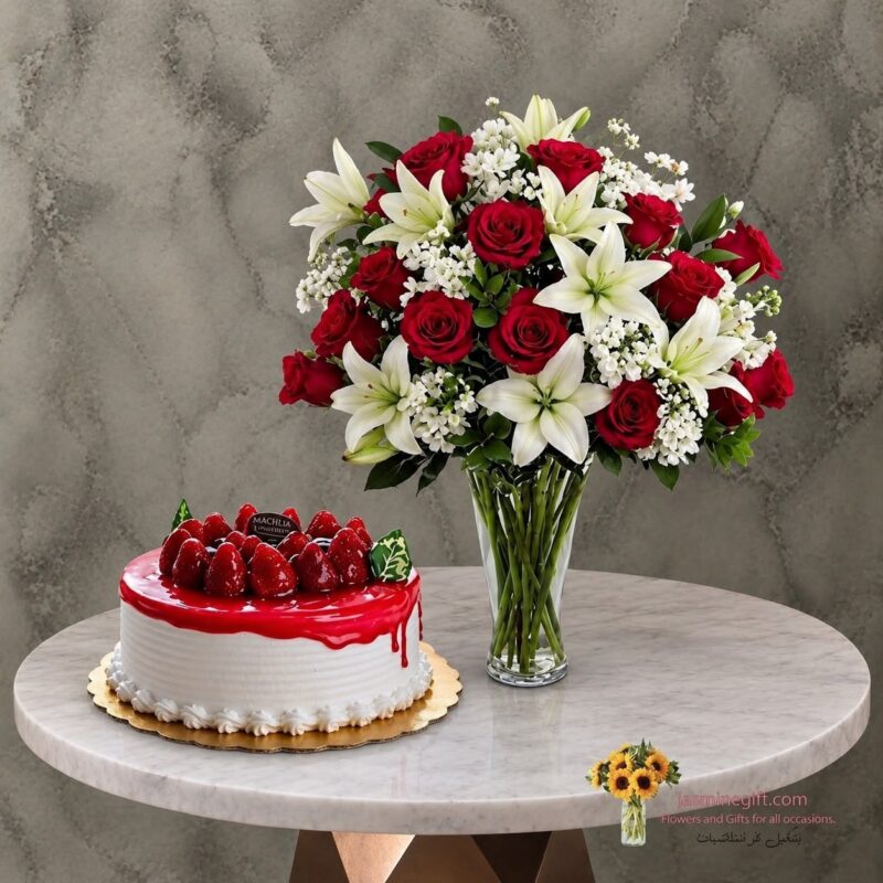 كيكة فراولة + ورد جوري أحمر وليليوم أبيض في عمان-Special offer) strawberry cake + flowers with red roses and white lilies in Amman.