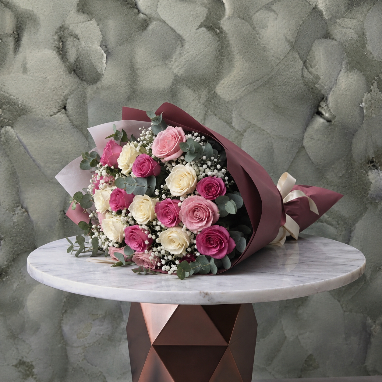 Pink and White Roses Bouquet - باقة الورد الوردي والأبيض Pink and white roses bouquet amman featuring vibrant pink and cream roses with baby's breath and eucalyptus in elegant wrapping.