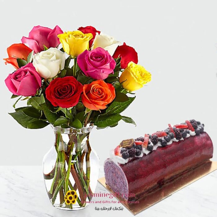 Mixed Roses - Blueberry Cake, send flowers cake to amman