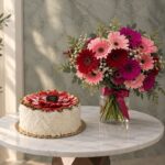 Mixed gerbera fruit cake amman featuring 20 colorful gerbera flowers and a fresh fruit cake serving 6 people.ميكس جيربيرا مع كيك الفواكه في عمان