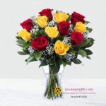 yellow and red rose vase, send flower to amman