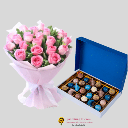 Pink rosrs with lilac choclate send gift to amman jordan online
