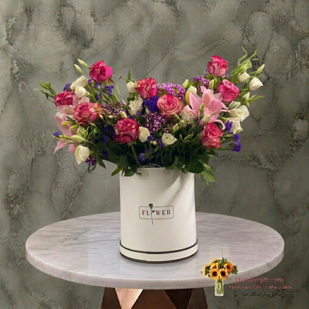 بوكس الزهور الوردي المميزة في عمان-Pink Flowers Box in Amman بوكس الزهور الوردي المميزة في صندوق أسطواني أبيض يحتوي على بيبي روز وردي وزهور ليليوم في عمان-Pink flowers box in a white cylindrical hatbox with pink baby roses and pink lilies in Amman