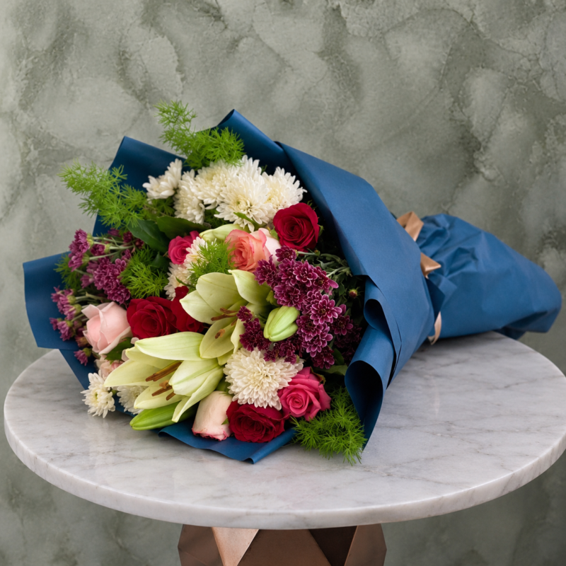 باقة جمال الأزهار بتغليف كحلي فاخر تحتوي على جوري أحمر ووردي وليليوم في عمان-Floral beauty bouquet in royal blue paper with red and pink roses and lilies in Amman.