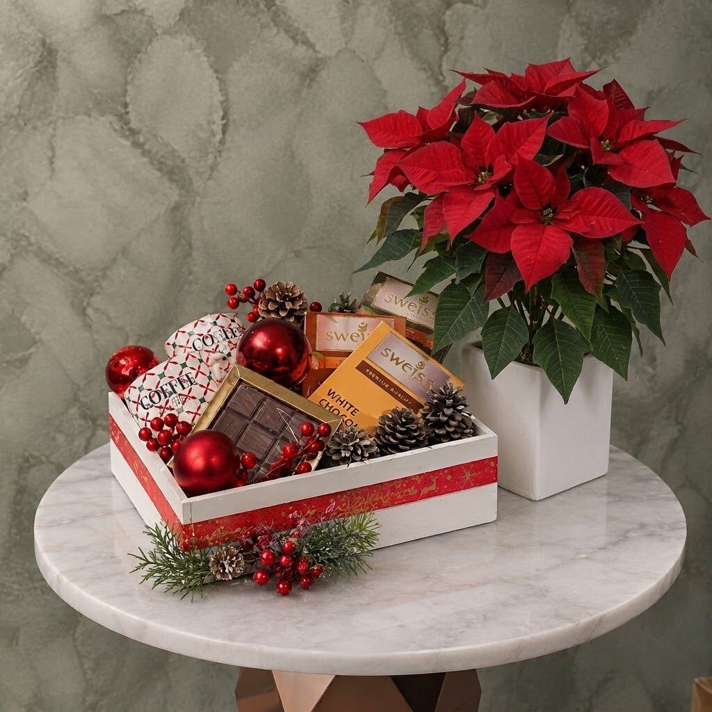 صندوق هدايا بهجة الكريسماس يحتوي على شوكولاتة سويس وتزيين عيد الميلاد في عمان-Christmas delight gift box filled with Sweiss chocolates and holiday ornaments in Amman صندوق هدايا بهجة الكريسماس يحتوي على شوكولاتة سويس وتزيين عيد الميلاد في عمان-Christmas delight gift box filled with Sweiss chocolates and holiday ornaments in Amman