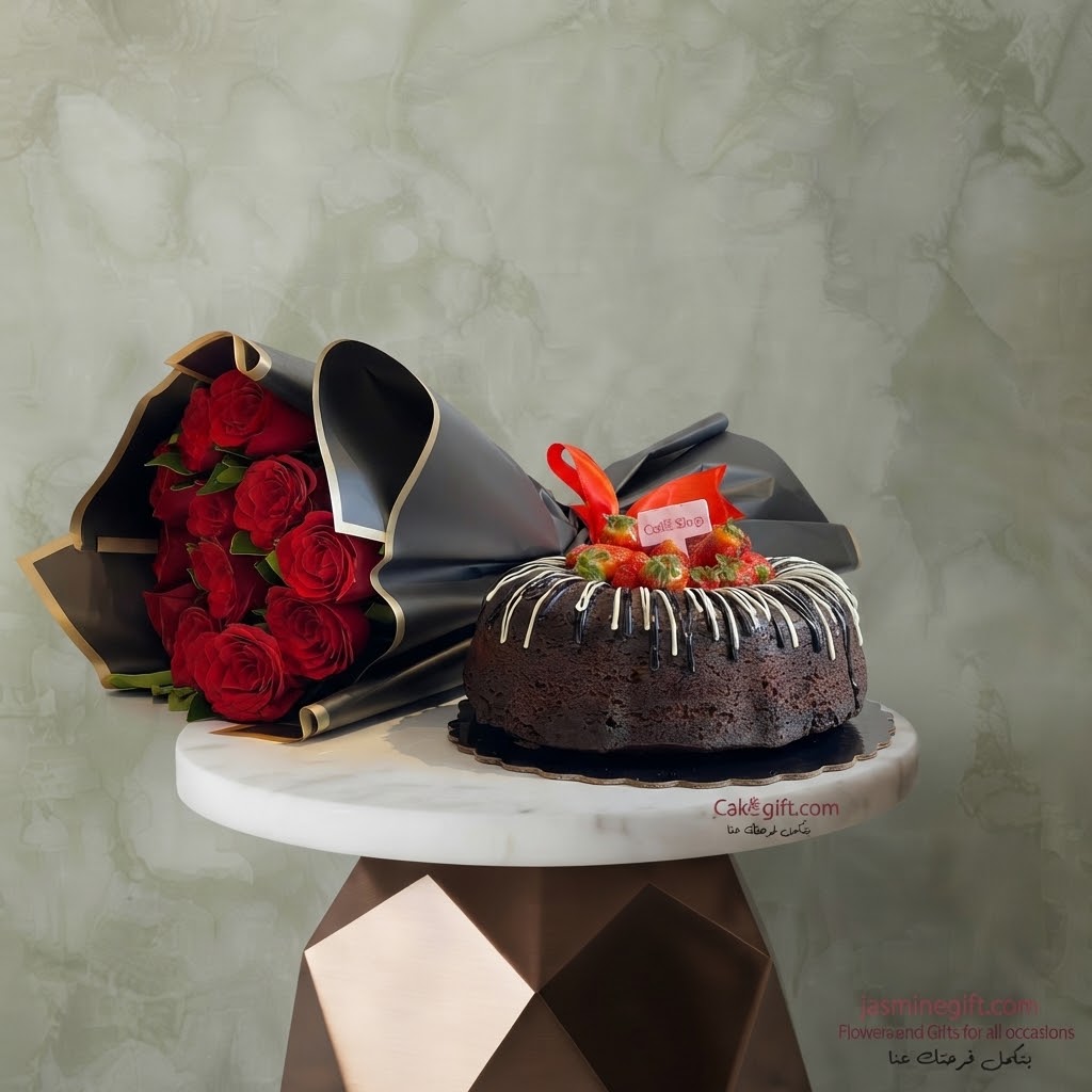 Red Roses with Chocolate Cake Red roses with chocolate cake topped with fresh strawberries and black luxury wrapping paper.