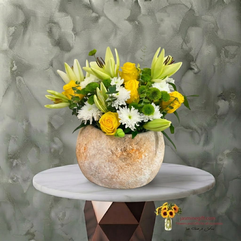 Daily Flowers in a Stone Jar in Amman-زهور يومية في جار حجري في عمان Daily flowers in a stone jar with yellow lilies and roses in Amman-زهور يومية في جار حجري