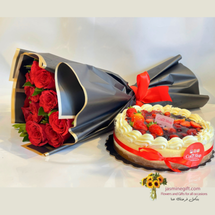 Red Rose Bouquet with Berry Cheesecake