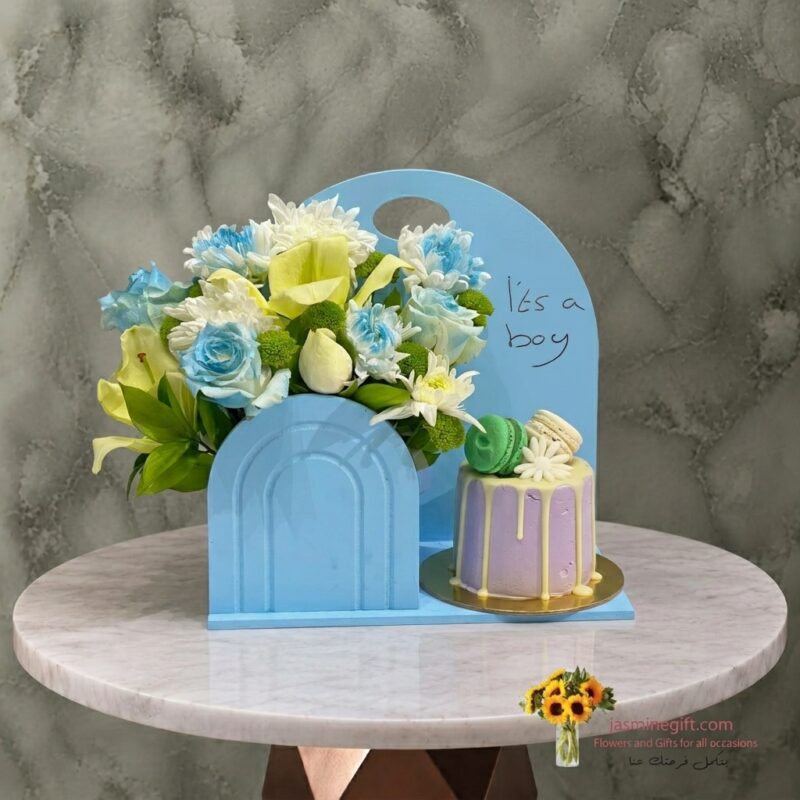 A new baby boy gift set with flowers and a red velvet cake with mini macarons in Amman- هدايا مولود جديد ولد