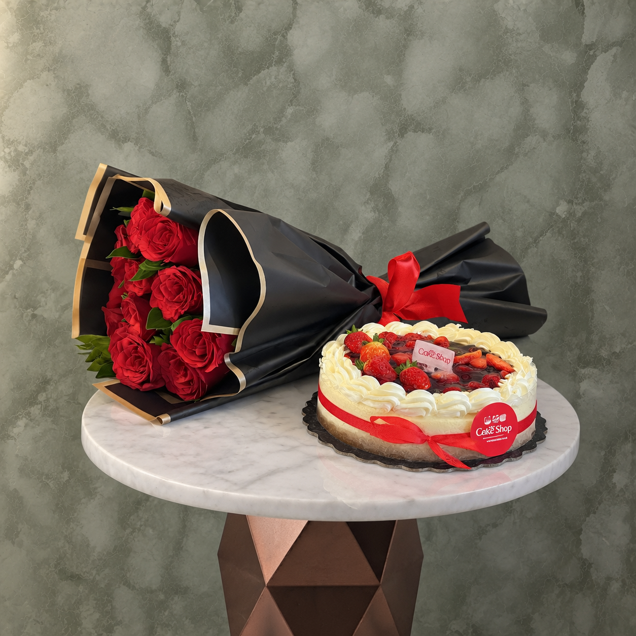 باقة ورود حمراء مع تشيز كيك التوت في عمان-Red Rose Bouquet with Berry Cheesecake Amman Red rose bouquet with berry cheesecake amman wrapped in elegant black paper alongside a rich berry cheesecake.باقة ورود حمراء مع تشيز كيك التوت في عمان