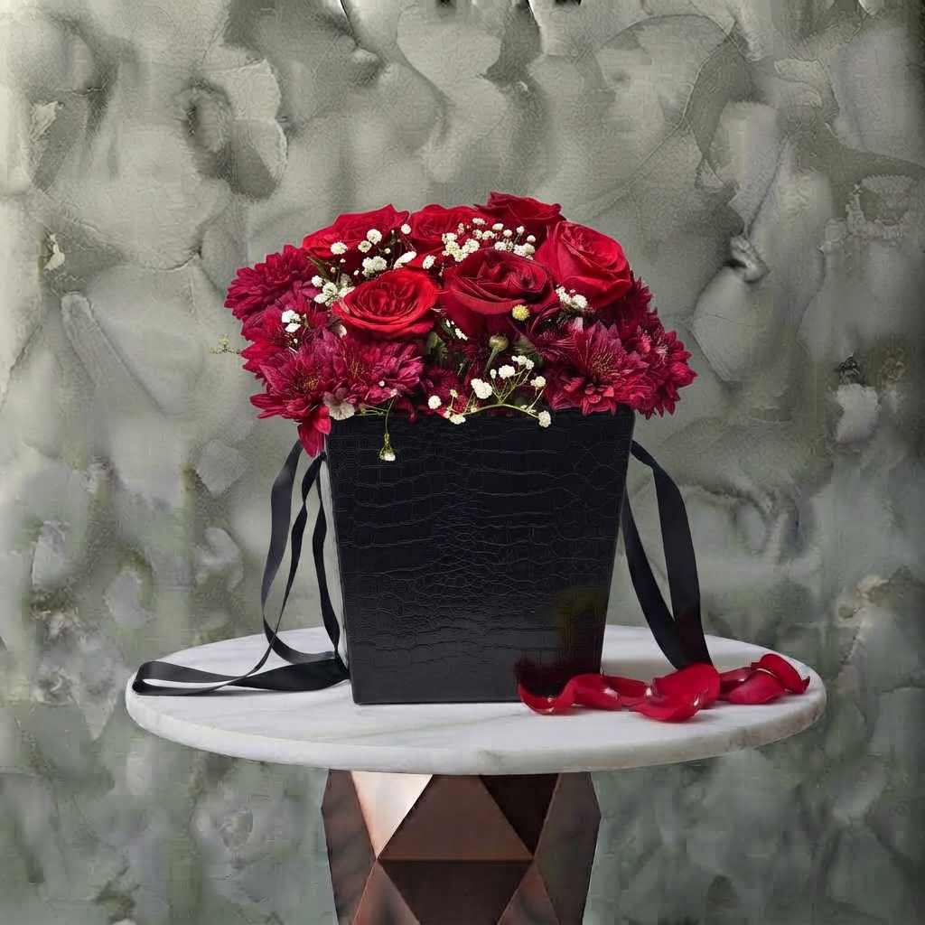 Floral Radiance in Amman A luxury red rose gift box with an elegant design in Amman- صندوق هدايا ورود حمراء
