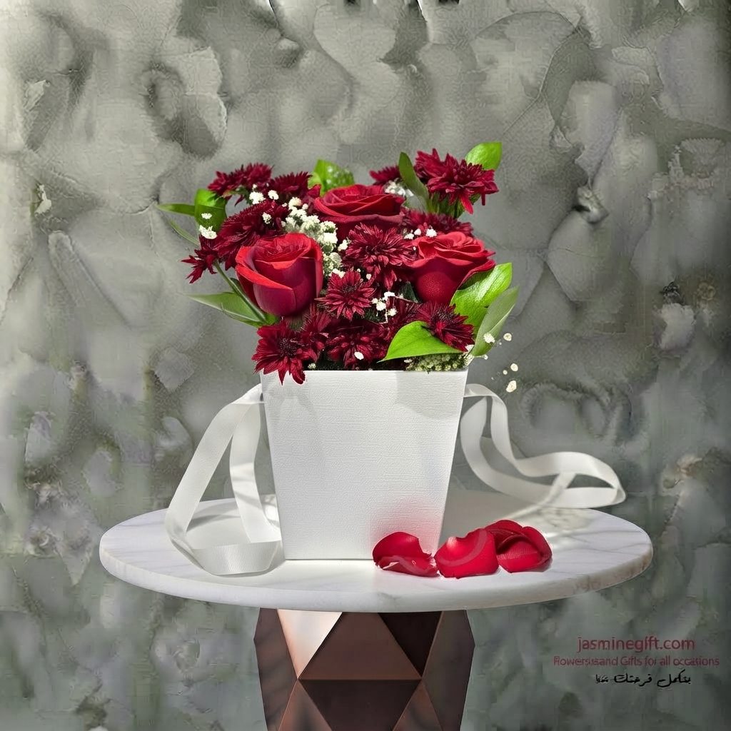 Red Rose & Delicate Charm in Amman A white rose gift box elegantly arranged with red roses in Amman -صندوق ورد جوري أبيض
