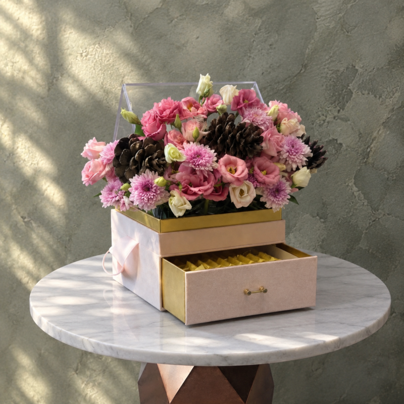 Magic of details amman featuring pink floral arrangement with pinecones and a chocolate drawer box.