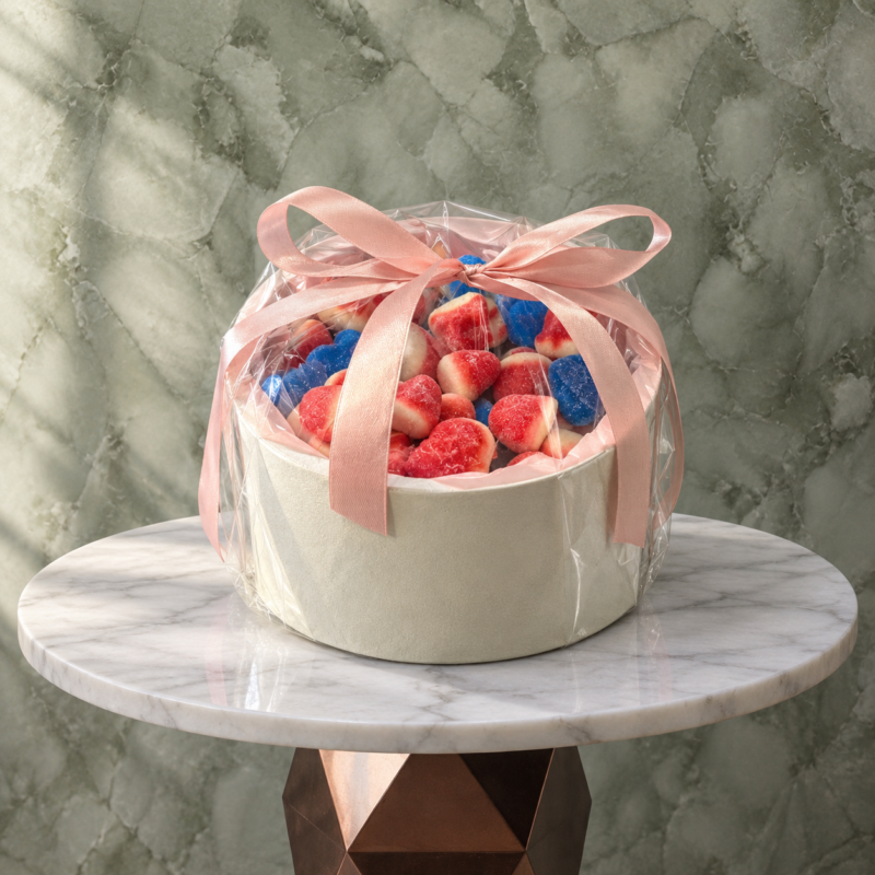 Round candy box amman featuring 500g of colorful assorted candies in a round box with a pink ribbon.بوكس كاندي دائري