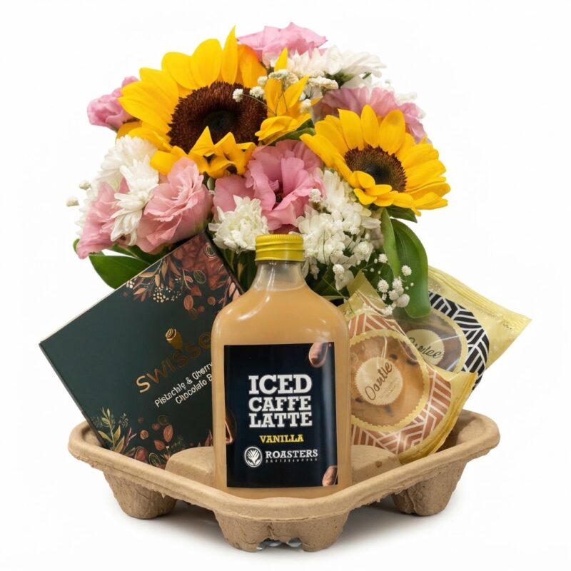 Coffee delightful gifts amman featuring bright sunflowers, iced caffe latte bottle, sweets box, and treats in a carrier.