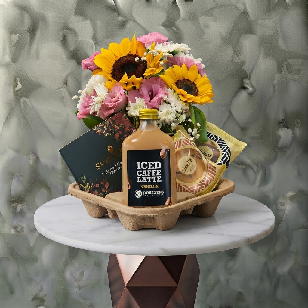 Coffee Delightful Gifts - ديلايتفول Coffee delightful gifts amman featuring bright sunflowers, iced caffe latte bottle, sweets box, and treats in a carrier.القهوة هدايا لذيذة عمان