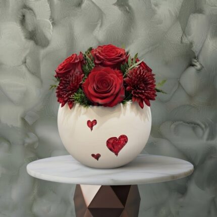 Endless love jar amman arrangement featuring fresh red roses, textured chrysanthemums, and greenery in a white ceramic jar decorated with red hearts.