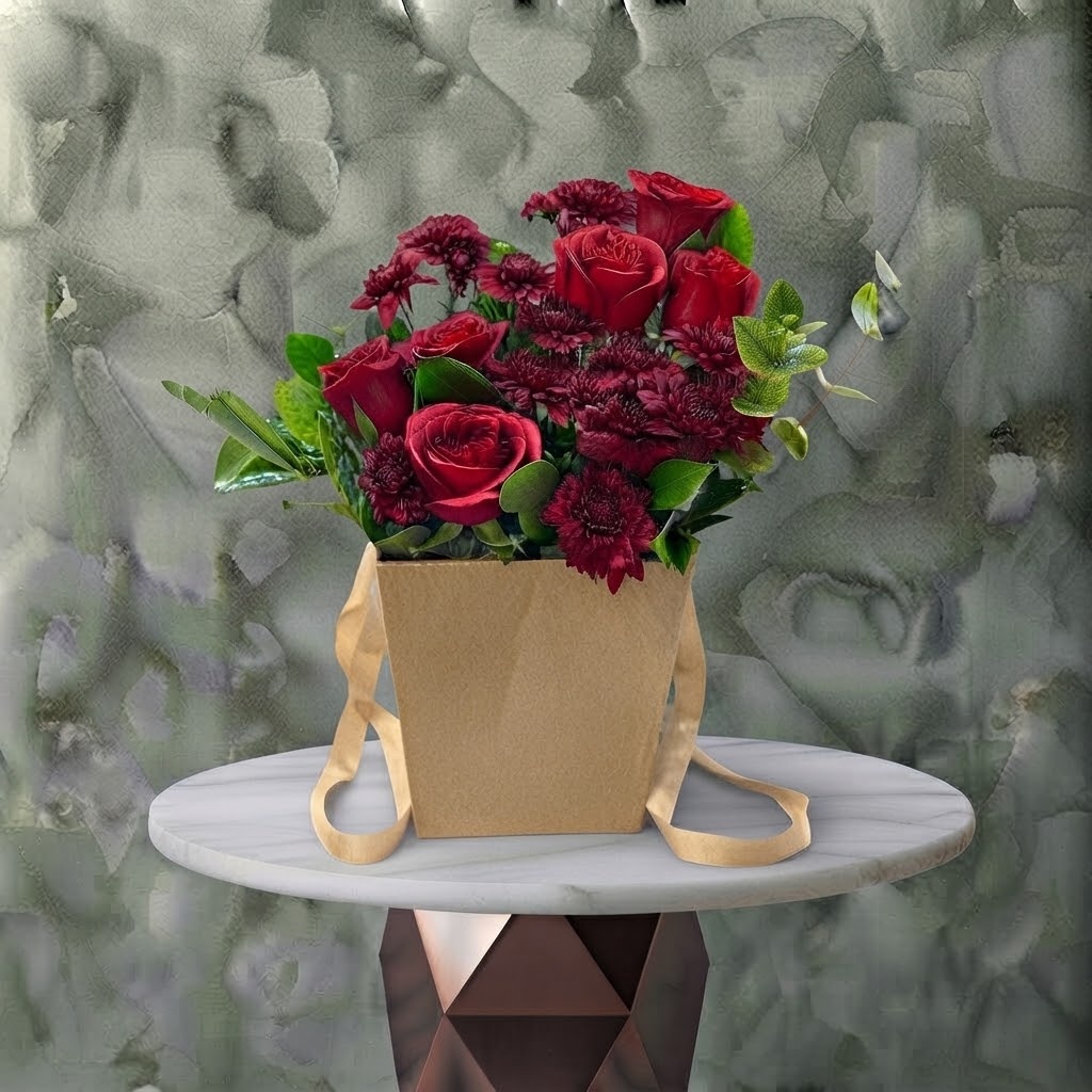 Crimson Rustic - ريف أحمر Crimson rustic amman arrangement featuring deep red roses and burgundy blooms with foliage inside a craft paper handle bag.ريف أحمر