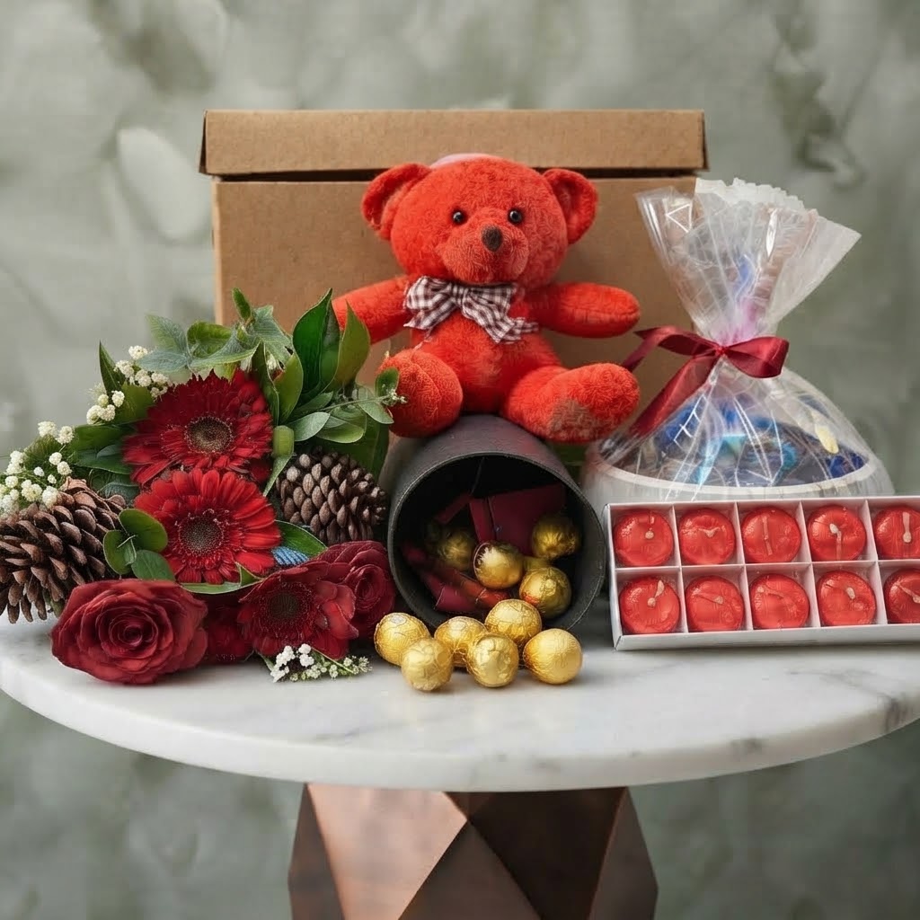 Grand surprise box amman set featuring red roses, plush teddy bear, wrapped chocolates, and red candles.صندوق المفاجآت الكبيرة