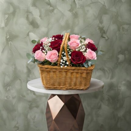 Rosy basket amman featuring pink and deep red roses with white baby's breath and eucalyptus leaves in a woven wicker basket.سلة الأنوثة