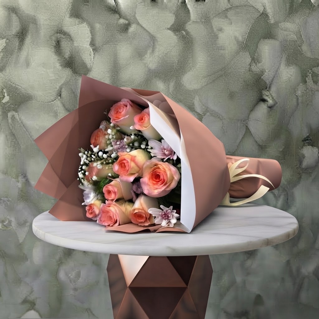 12 Autumn Color Roses - 10 ورود خريفية 12 autumn color roses amman bouquet featuring peach and warm-toned roses with baby's breath in elegant brown and white wrapping.
