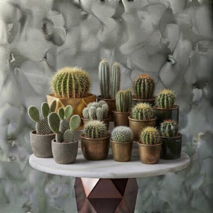 Cactus plants amman inside stylish metallic and stone pots on a marble table.