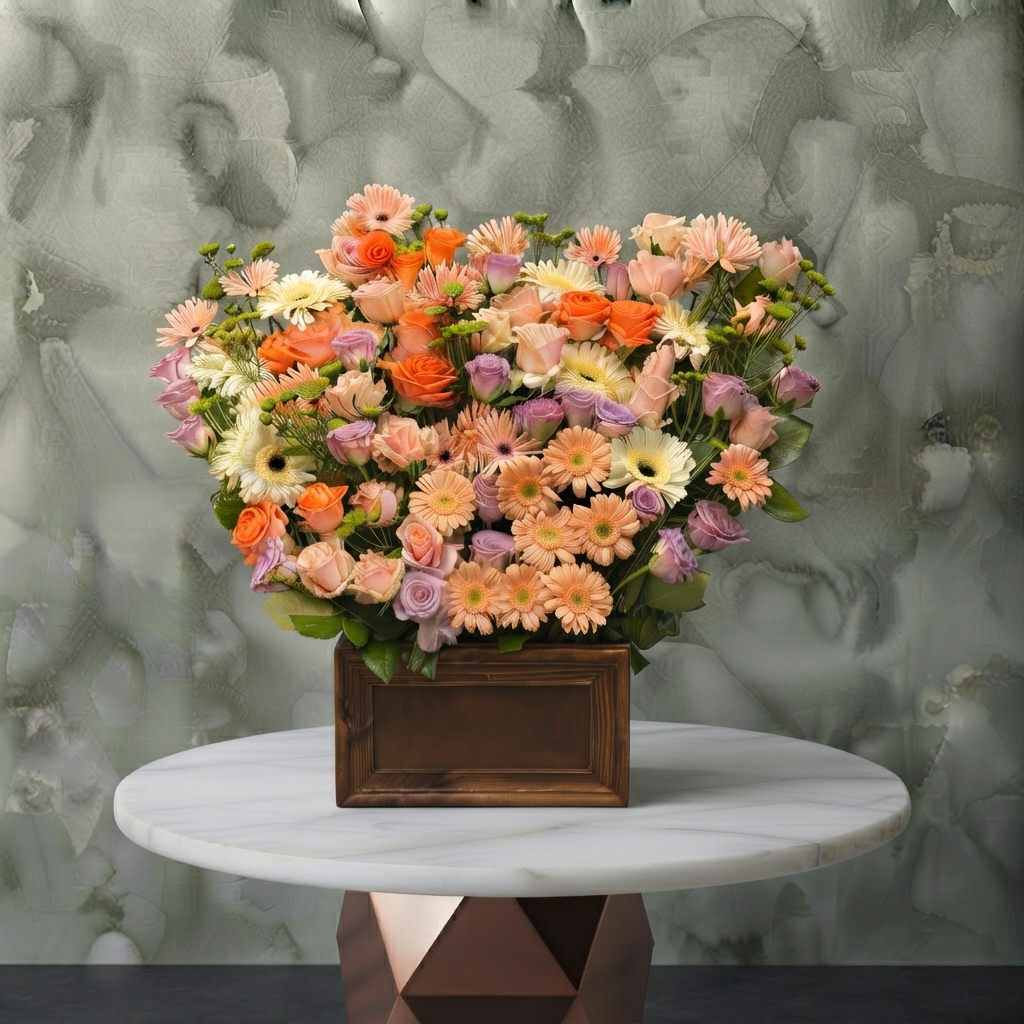 Warm Sunset Hues - ألوان الغروب الدافئة Warm sunset hues amman featuring vibrant orange, peach, and purple flowers in a wooden box.ألوان الغروب الدافئة